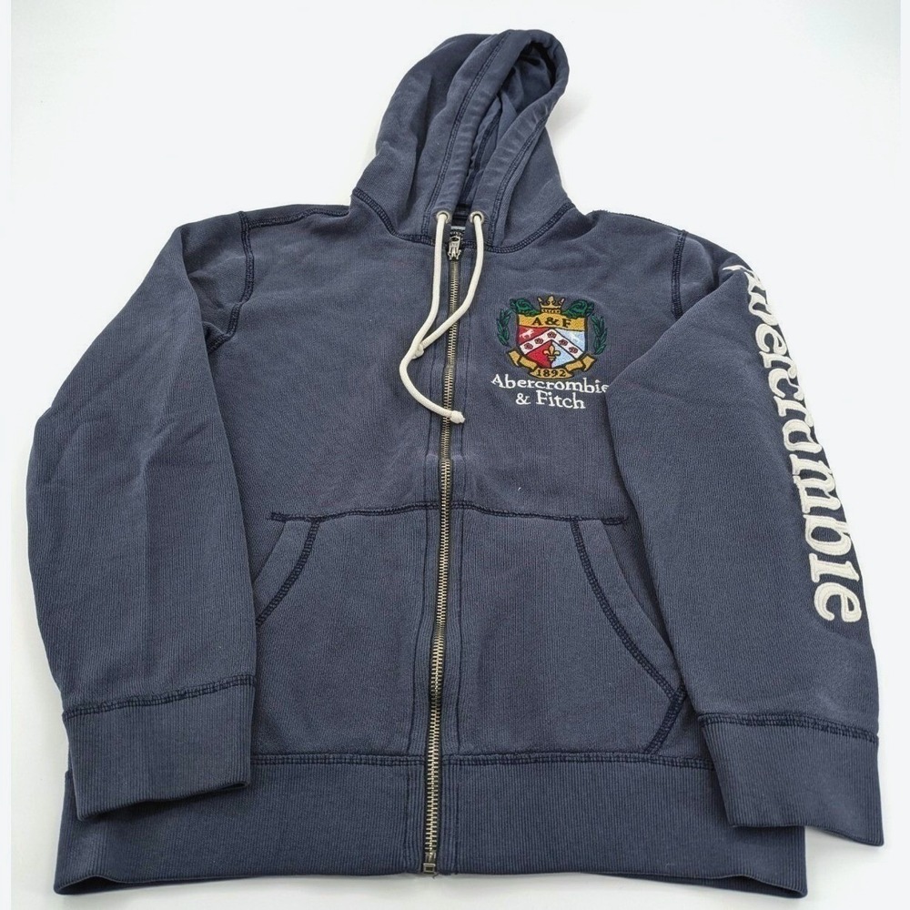 Vtg Abercrombie & Fitch Full Zip Hoodie Navy Blue Crest Logo Sleeve Spellout XS